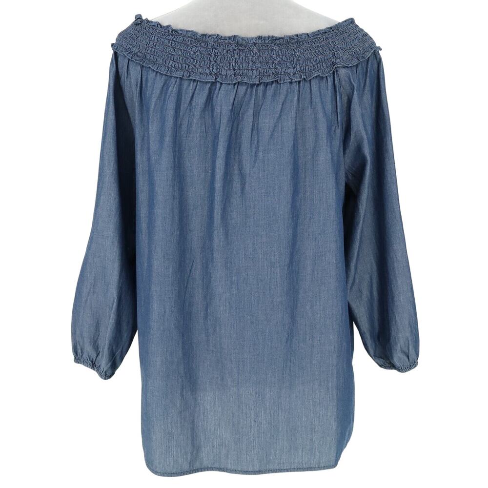 Chicos Top 1 Womens Medium 8 Blue Cotton Off Shoulder Blouse Boho Romantic - Picture 2 of 13
